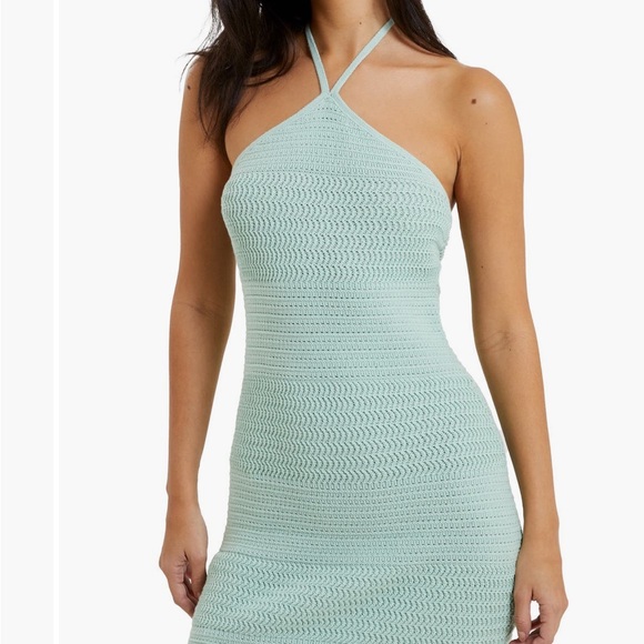 French Connection cotton crochet halter dress in aqua foam - Picture 3 of 5